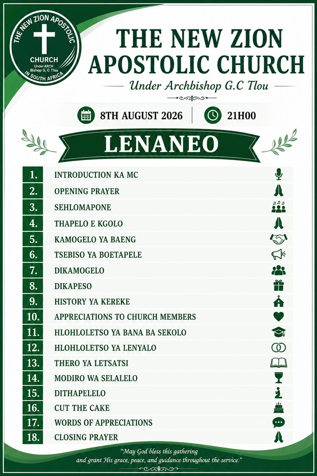 Service programme (Lenaneo) for The New Zion Apostolic Church Annual Conference, 8 August 2026 from 21H00.